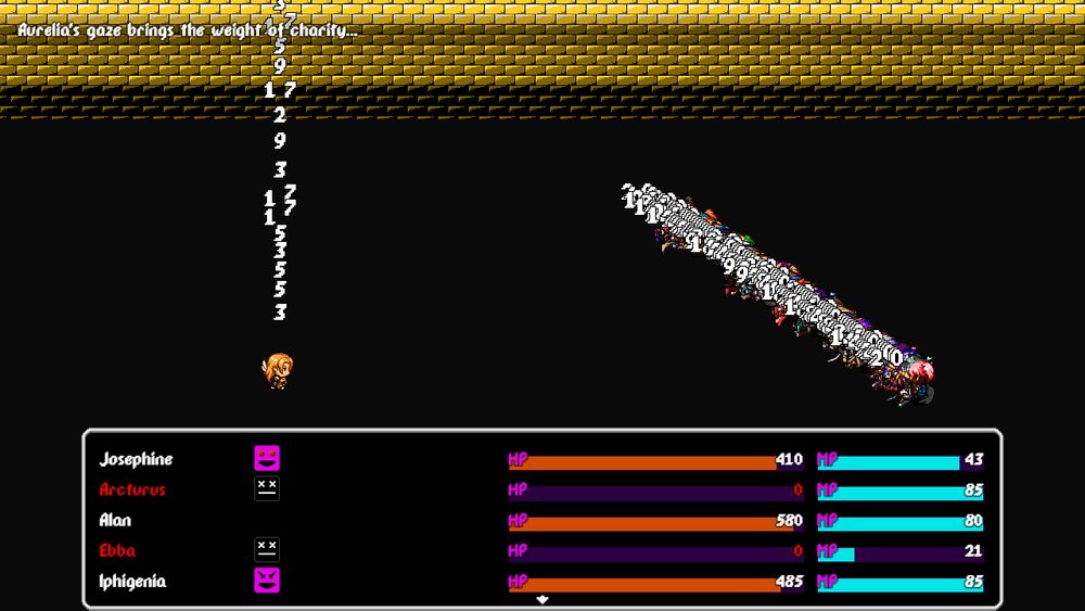 A JRPG fight scene where the player has 99 characters. Their party has damage numbers flying off of them while the one enemy has a large column of small numbers rising from themself.