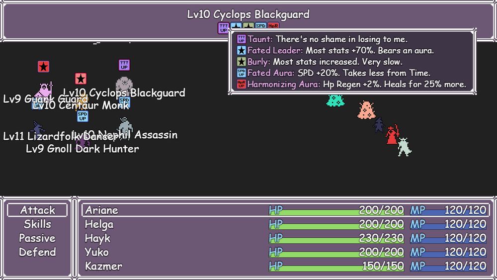 A turn-based JRPG battle with several enemies on the left and the player's party of five on the right. The selected enemy is the Cyclops Blackguard, who currently has five status effects with tooltips shown.