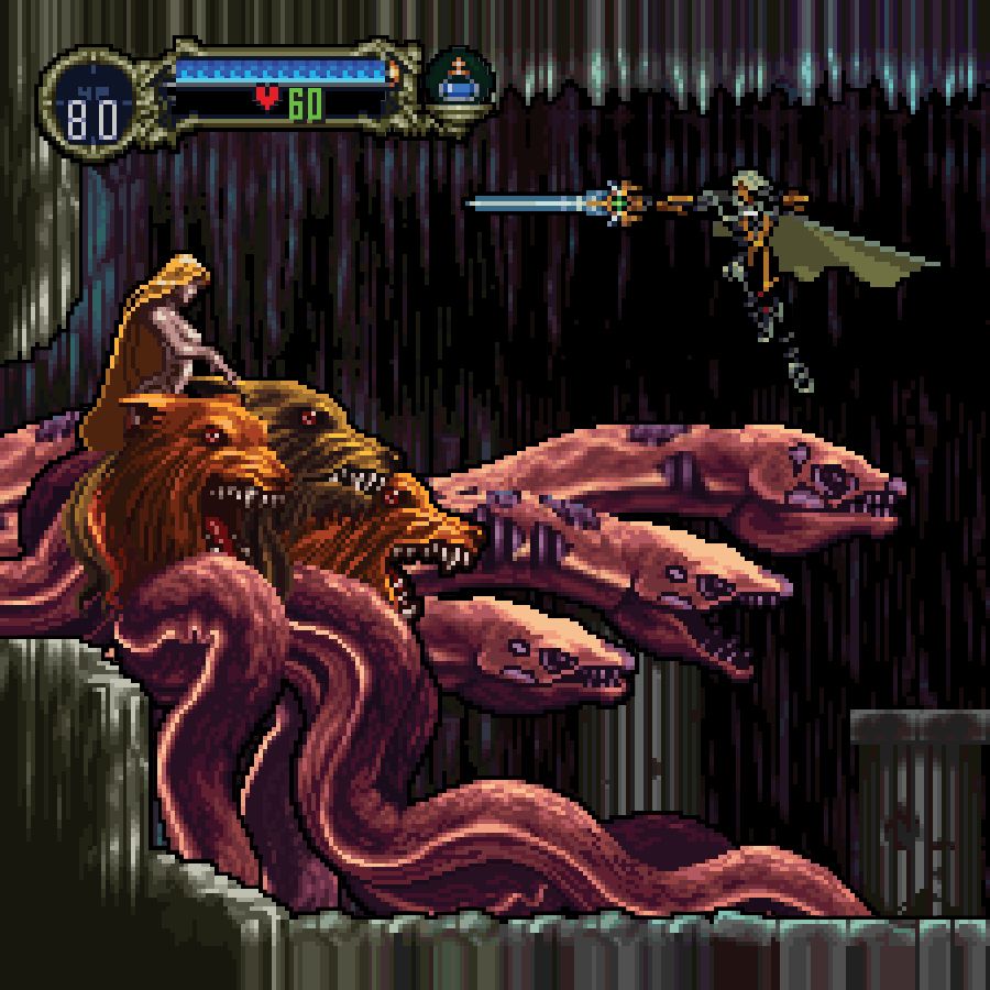 A screenshot of Castlevania: Symphony of the Night depicting Alucard jumping at a fleshy boss monster with his sword in hand. 