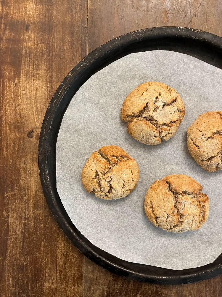 four chunky cookies on a tray
