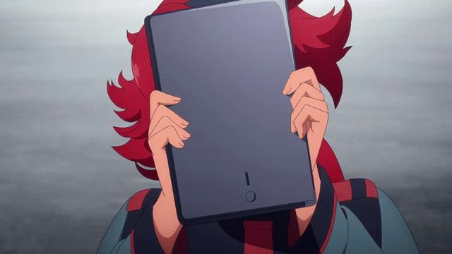 a person with red hair is holding a tablet in front of their face with an exclamation point on the screen