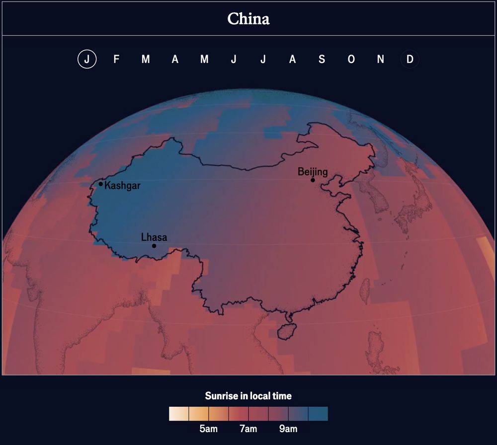 Globe map centred on China showing the hour of sunrise in local time in January. The colour gradient stretches from blue (corresponding to a late sunrise, ~10am) in western China, to red (corresponding to an earlier sunrise, ~7am) in Eastern China.