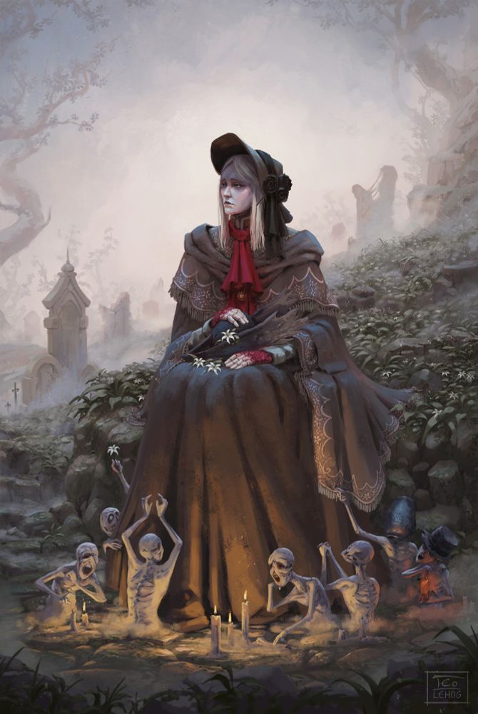Bloodborne fanart, the doll is sitting with an hunter hat in their hands, cute littles dream messenger at his feet
