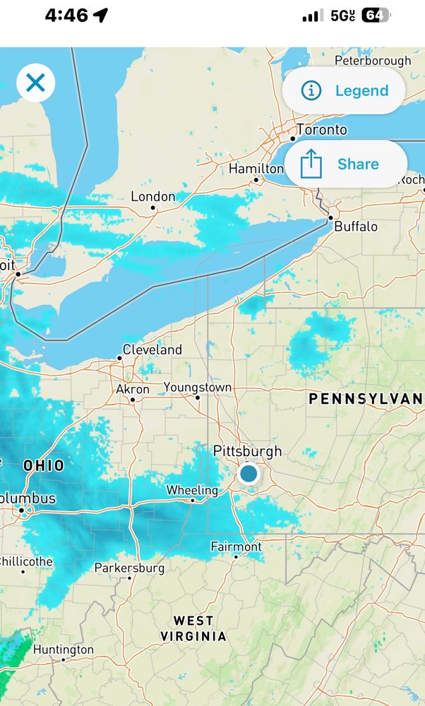 radar showing WV, OH, and Western PA on a map with a decent line of light blue color (snow) coming towards pittsburgh from the SW. 