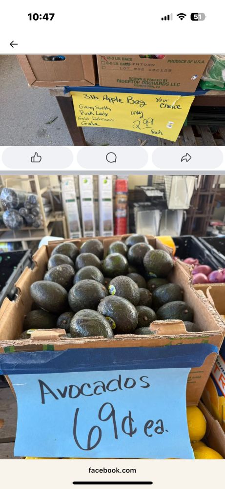 A 3 pound bag of either granny, Smith, pink lady red delicious or gala apples for $2.99, avocados $.69 each