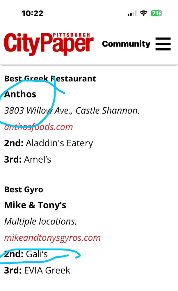 PGH City “Paper Best of”
Best Greek Restaurant
Anthos
3803 Willovi Ave., Castle Shannon.
anthosjoods.com
2nd: Aladdin's Eatery
3rd: Amel's
Best Gyro
Mike & Tony's
Multiple locations.
mikeandtonysgyros.com
2nd: Gali's
3rd: EVIA Greek