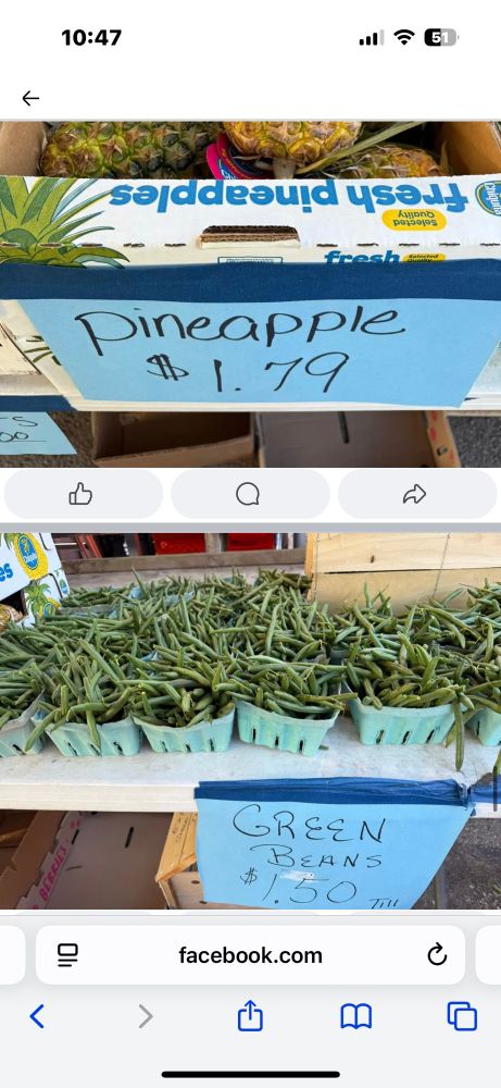 Pineapples for $1.79 each and a basket of green beans for $1.50 each
