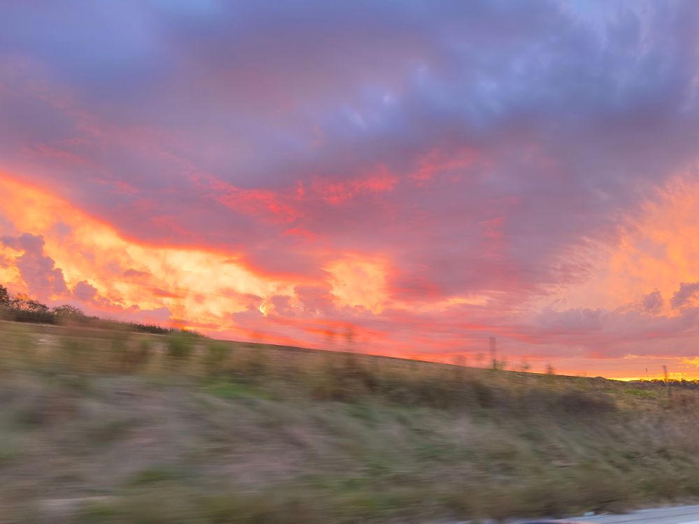 the sky is lavender, fuchsia, and gold over a green and heather-grey field that looks blurred like an oil painting 