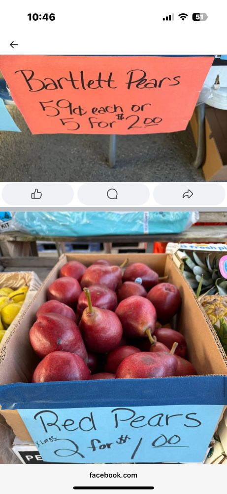 Bartlett pears are $.59 each or five for two dollars, red pears are two for one dollar