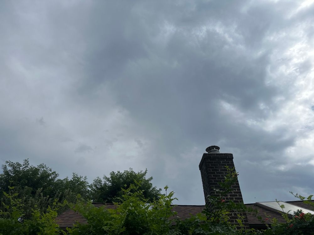 cloudy sky that’s got dark blue clouds. a roof with a brick chimney is on the right. evil trumpet vines on a fence at the bottom of shot 