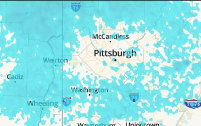 radar is light blue (snow), and it’s covering the map of western PA with the exception of a large oval around pittsburgh, which is mostly white (no snow or scattered snow) 