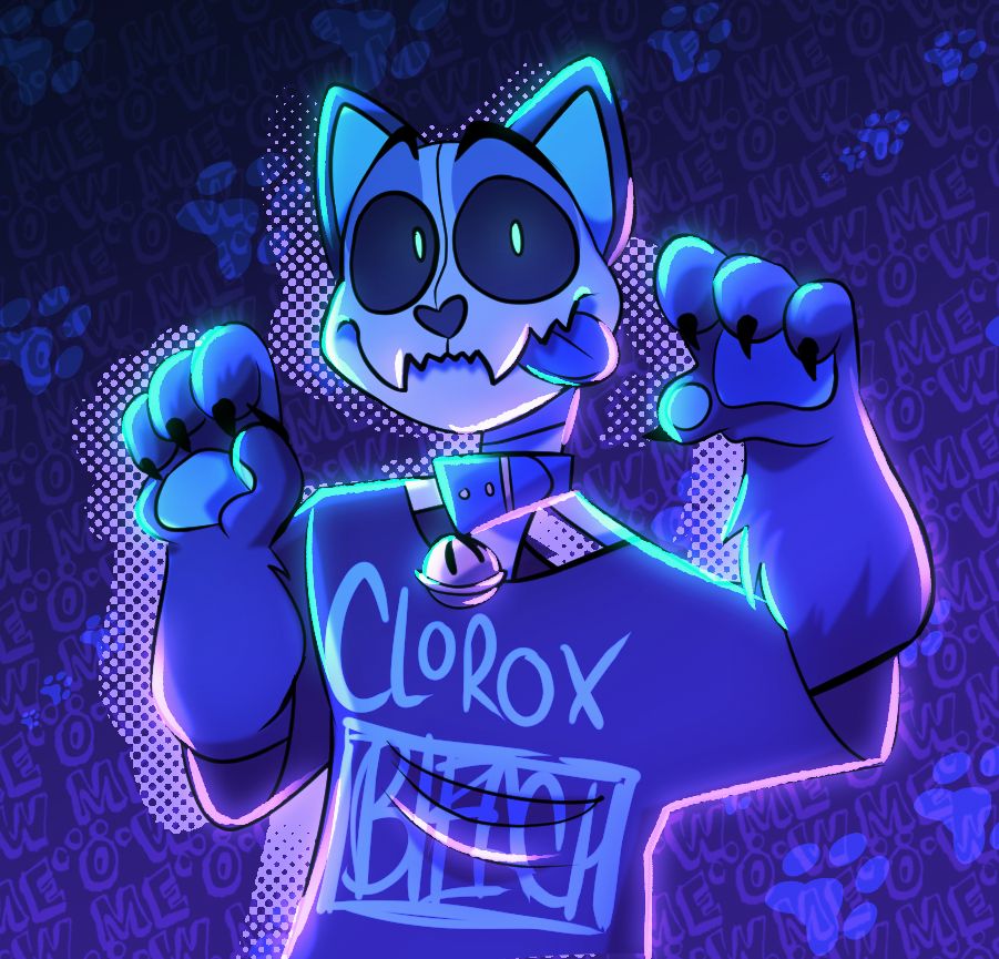 Bonez as a cat! The background has a bunch of repeated "meows" and paw prints. Bonez is wearing a bell collar instead of their normal dog one, their shirt says "Clorox Bleach" and they're holding their paws up in a "nya" pose