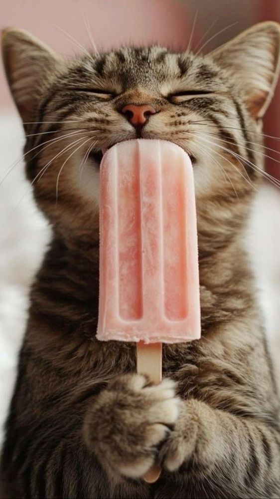 Katze hält ein Eis am Stiel in den Pfoten 