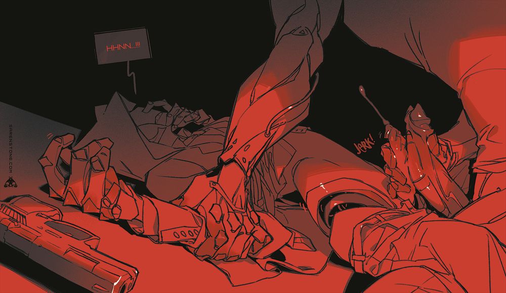 Book is on his back, his gun arm pinned to the ground. His pistol lays on the floor in the foreground as Strix has his way with him, eliciting a jerk of Book's hips despite himself. 