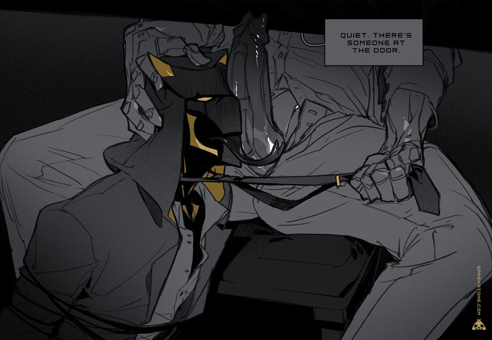 Book kneels, tied up under a desk, his tie being pulled taut by the yet-unidentified bot. The man's pants are undone, his cock resting on Book's face, pinned forcefully against it as he lathes the underside with a forked tongue. The bot hushes him, "Quiet. There's someone at the door."