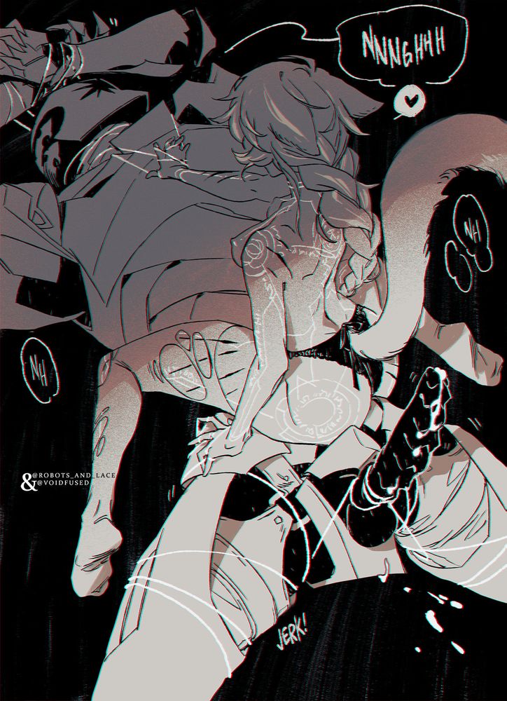 Adra (they/them) sits atop Criticality's waist, their stockings and thighs scratched; their filaments binding his neck, hands, thighs and engorged cock as he groans, hips jerking.