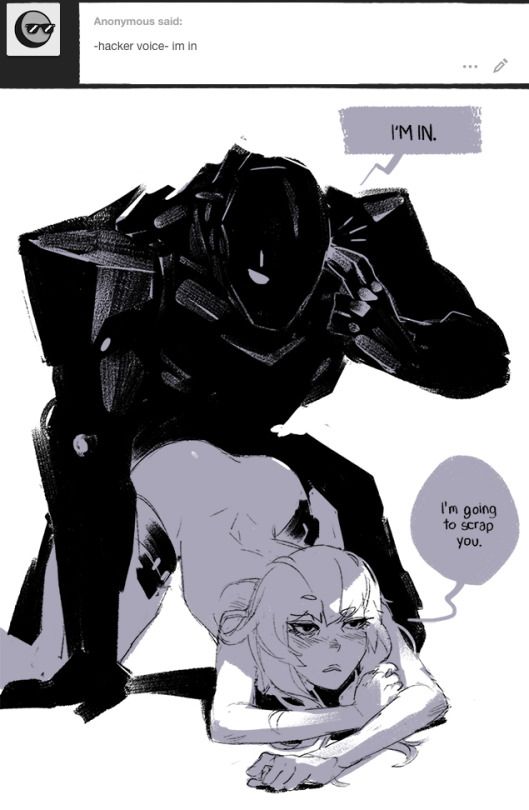 A dark humanoid robot is bent over a woman. He has two fingers up to his ear and says, "I'm in." Below him, she looks unamused, weakly deadpanning, "I'm going to scrap you."