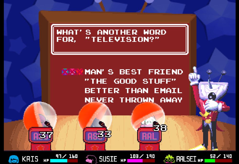 Screencap of Deltarune Ch 3, during the "third board" where Tenna gets a little weird. The quiz board asks, "What's another word for, Television?" Since nobody answered, everyone took damage. 