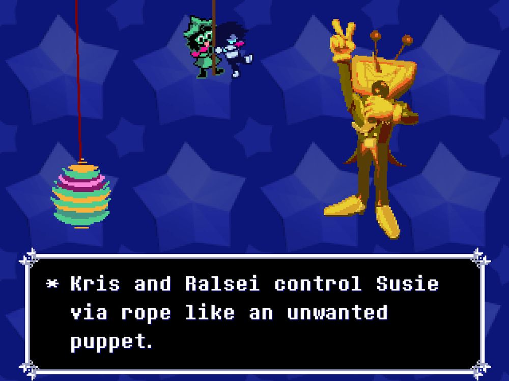 Screencap of the Susiezilla instructions screen. Tenna is saying, "Kris and Ralsei control Susie via rope like an unwanted puppet."