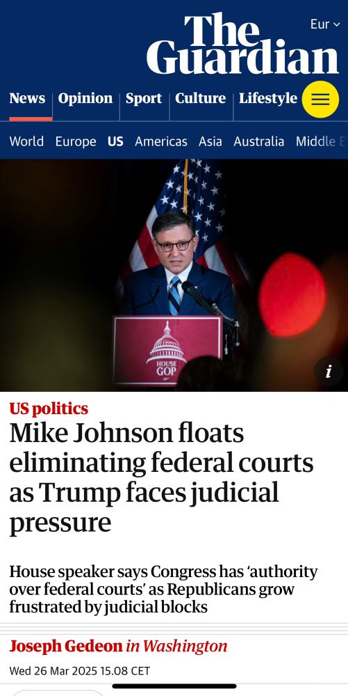 Headline reading "Mike Johnson floats eliminating federal courts as Trump faces judicial pressure"