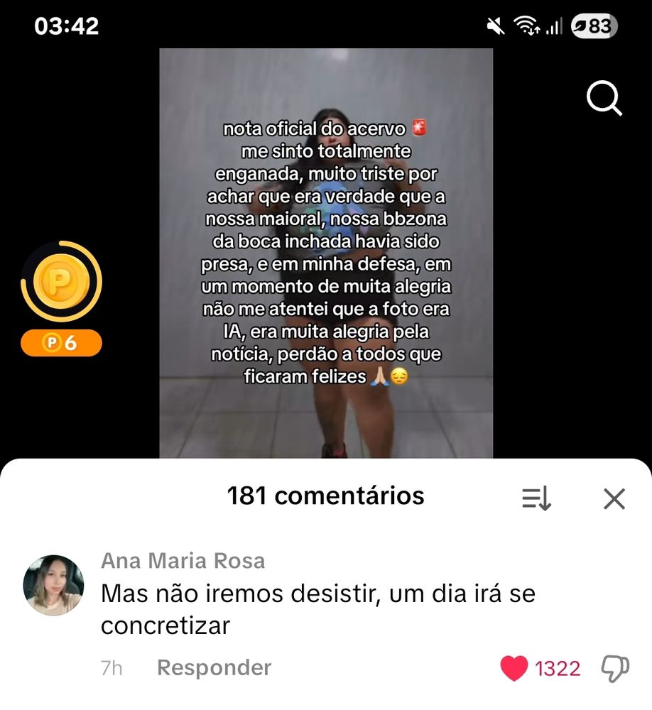 Print de um video do tiktok da conta do Arcevo hislana gomes tristes pois ela não foi presa e a postagem que ela fez nas redes era na verdade i.a. na nota eles falam "nota oficial do acervo. Me sinto totalmente triste por achar que era verdade que a nossa maioral, nossa bebezona da boca inchada havia sido presa, e em minha defesa, em um momento de muita alegria não me atentei ao fato  que a foto era i.a, era muita alegria pela noticia, perdão a todos que ficaram felizes.
 embaixo desse texto tem um comentário de uma fã falando "mas não iremos desistir, um dia irá se concretizar".