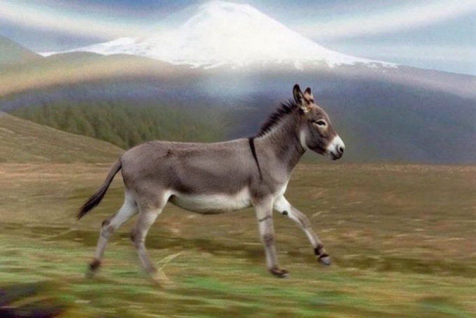 imagem de um jumentinho correndo livre pelo um campo verdejante, ao fundo da imagem do campo tem um monte bonito com neve no pico