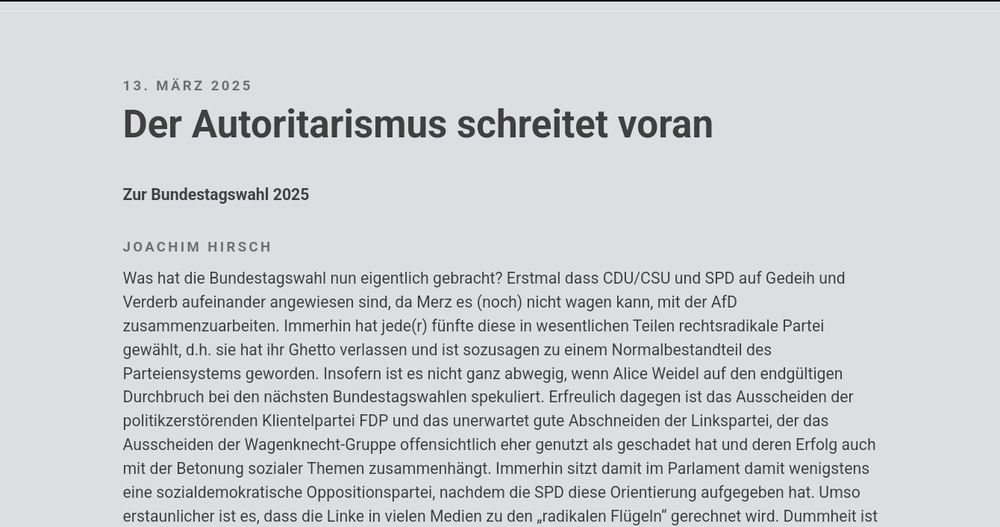 Foto eines Teils des Artikels von Joachim Hirsch "Der Autoritarismus schreitet voran. Zur Bundestagswaht 2025"