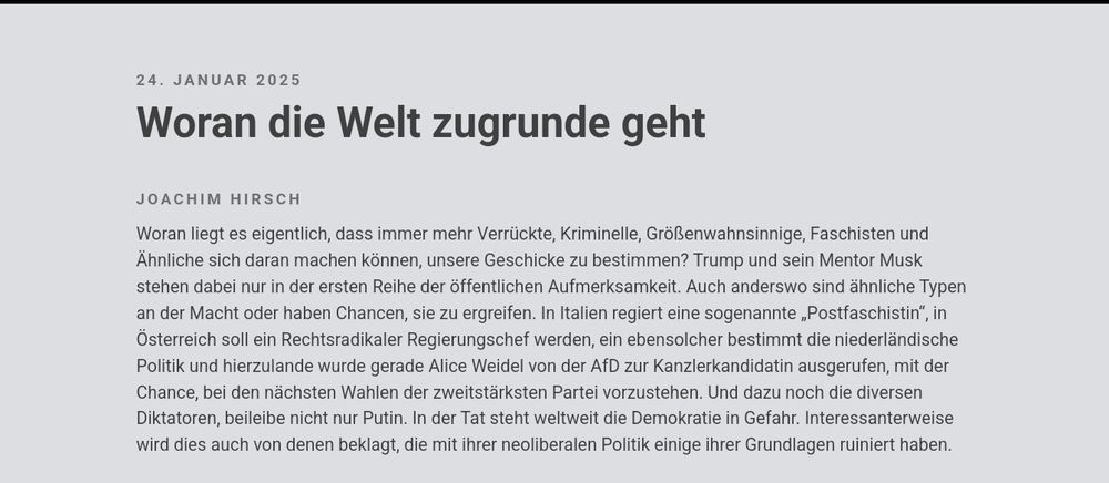 Foto des Artikels "Woran die Welt zugrunde geht" von Joachim Hirsch