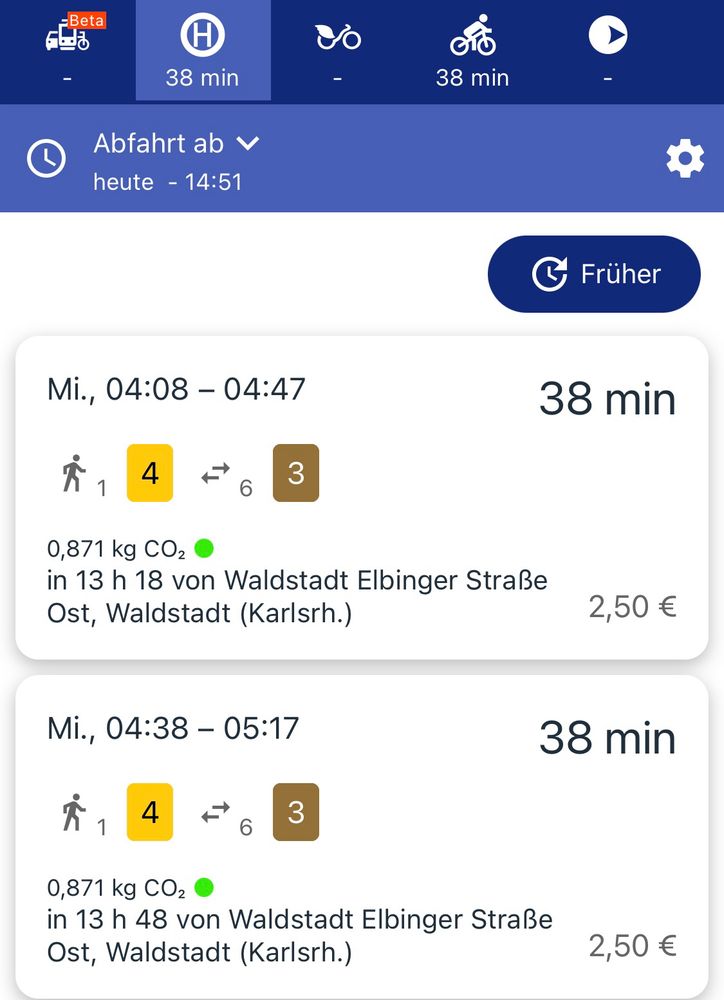 Screenshot Fahrplananfrage für 14:51, Ergebnisse für 4:08
