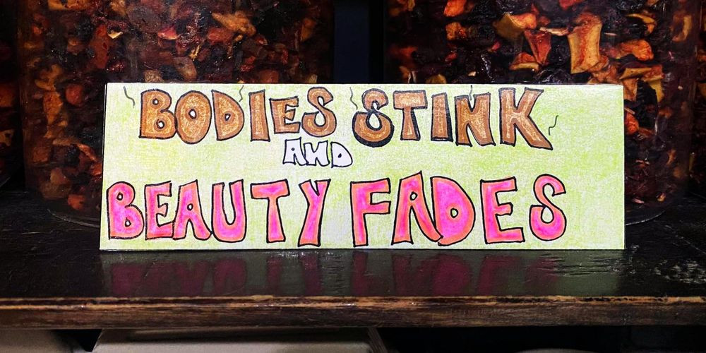 Bookmark resting on a black wooden shelf, leaning against two large clear glass bottles containing what looks like potpourri, reading, "Bodies stink and beauty fades."