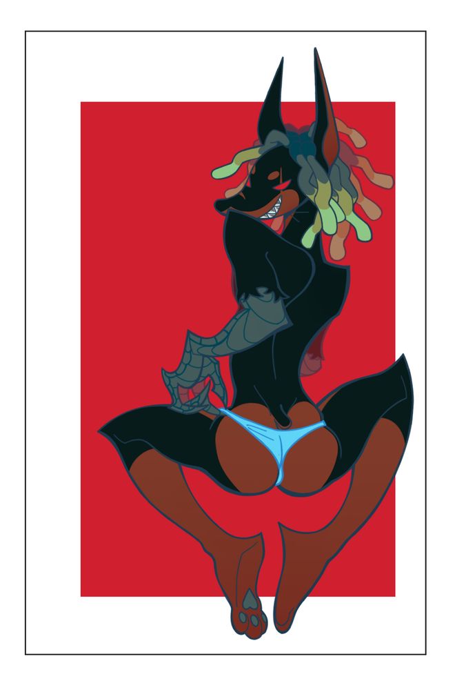 An anthro doberman with green scaly arms and green dreads on a simple red background.