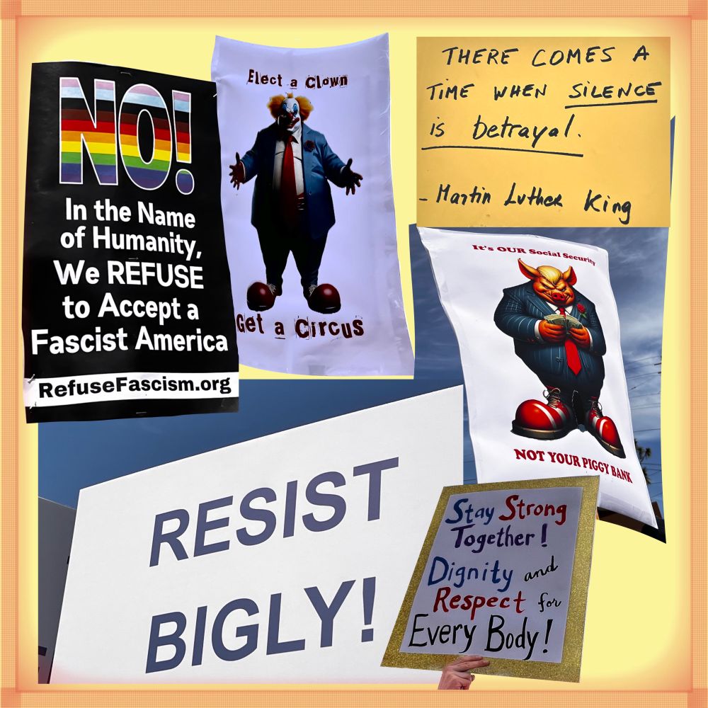 Protest signs from Hands Off 2025 event in Berkeley last Saturday.