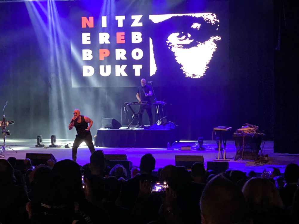 Nitzer Ebb (Bon Harris and Daniel Myer) performing a song
