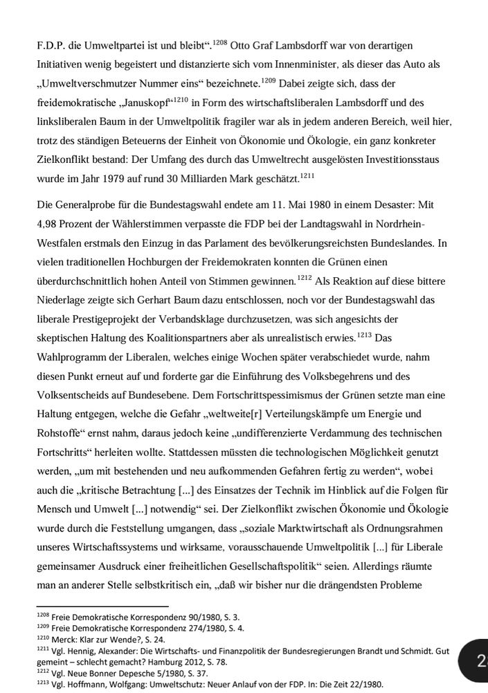 Dissertation über den Wandel der FDP am Ende der sozialliberalen Koalition, bei der die FDP in Abgrenzung zu den Grünen für mehr Technologie in Sachen Umweltschutz wirbt und vor Ökofaschismus warnt.