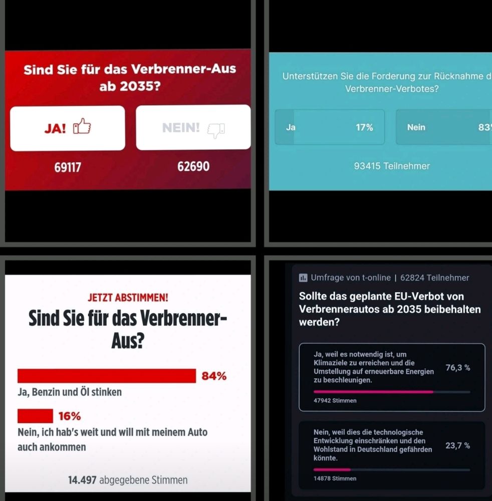 links Umfrage der Bild zum Verbrenner-Aus (84% dafür, 16% dagegen); rechts Umfrage t-online ( 76% dafür, 23% dagegen)