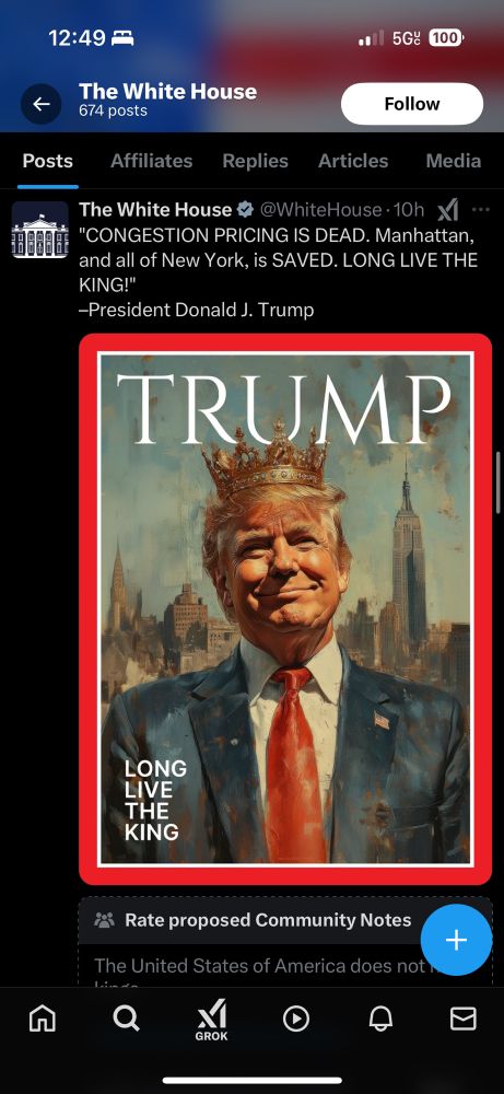Post from X of a made up magazine cover showing Trump wearing a crown. 