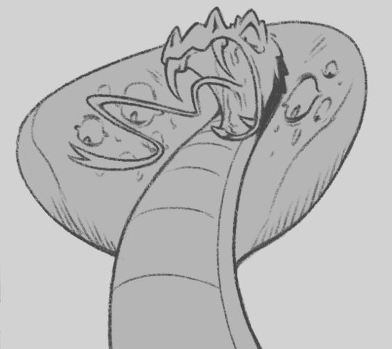 Digitally illustrated flat image of a large cobra. On its hood are bulging hypnotic eyes.