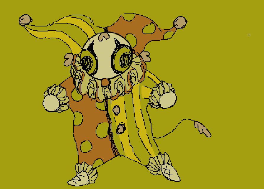 a small goofy looking clown with bulging eyes, it has a floppy hat and jumpsuit with one half yellow and green stripes, and the other half red with green spots. it also has a big poofy collar and a little tail