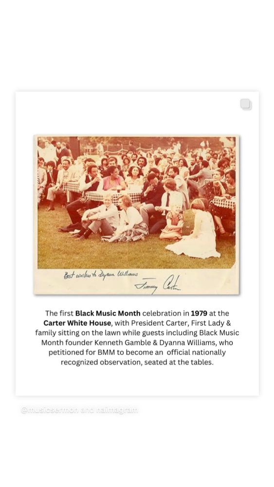 A photo of the first Black Music Month celebration in 1979 with President Carter & Family
