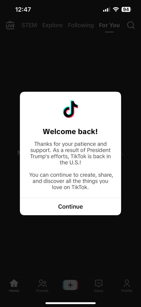 Message from tiktok saying it's back thanks to "President Trump's efforts" 