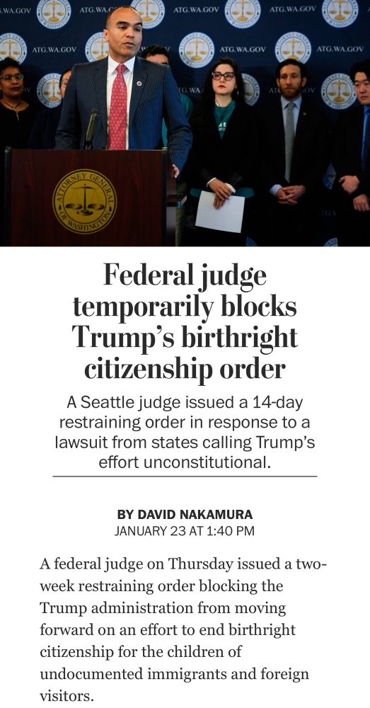 Screen shot of Washington Post story "federal judge temporarily blocks Trump's birthright citizenship order" 