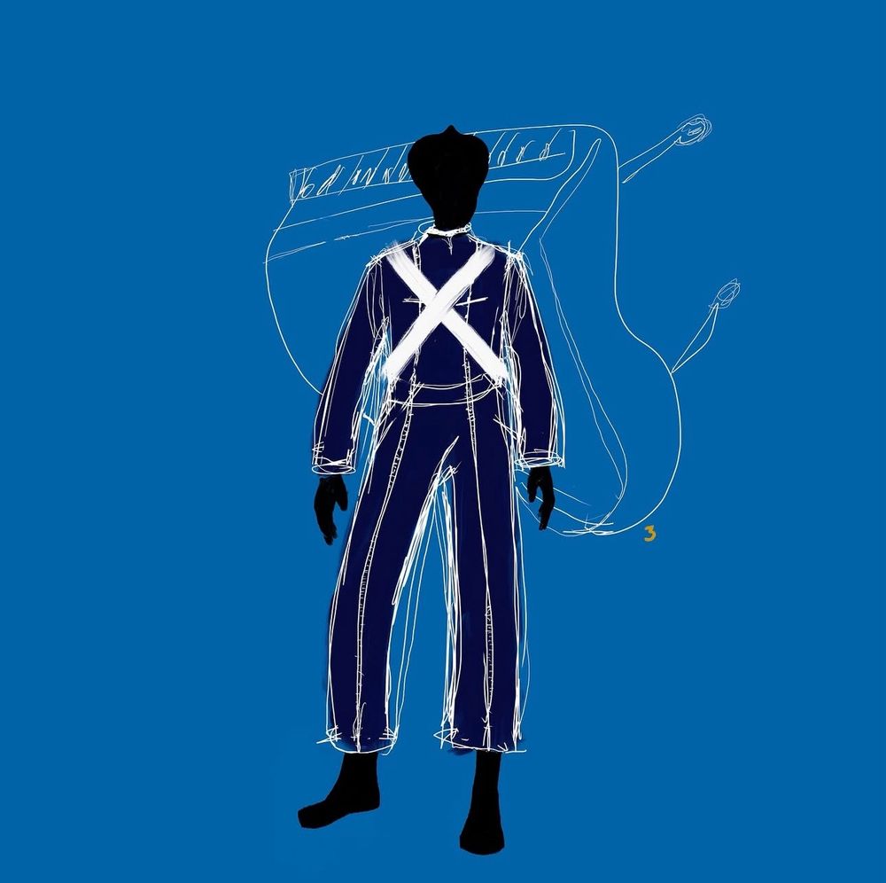 Andre 3000's new EP cover, which is a sketch of him in blue coveralls with a piano on his back - the same thing he has on at the Met Gala