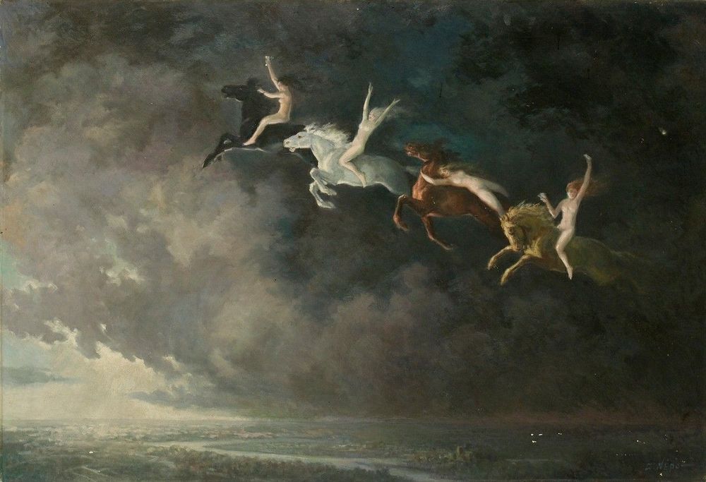 Painting of world viewed from a distance of a wide sky above flat land around a winding river with indistinct structures. In front of a background of dark thunderous billowing clouds four young naked women ride four different horses. Each woman looking ecstatic.  