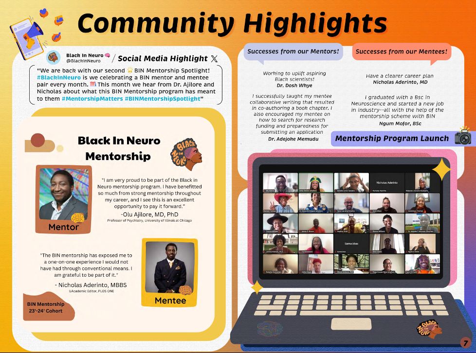Graphic titled "Community Highlights" by Black In Neuro. Top left shows a tweet from @BlackInNeuro highlighting the BIN Mentorship Spotlight. Center left features mentor Dr. Olu Ajilore and mentee Nicholas Aderinto from the 2023–24 cohort with testimonials. Ajilore praises the opportunity to give back, and Aderinto shares how the program gave him a unique one-on-one experience. Top right highlights successes: Mentors: Dr. Dosh Whye taught collaborative writing; Dr. Adejohe Memudu helped a mentee with research and funding prep; Mentees: Nicholas Aderinto gained career clarity; Ngum Mofor, BSc, graduated and got a job with mentorship support. Bottom right shows a laptop screen with smiling attendees from the virtual Mentorship Program launch.