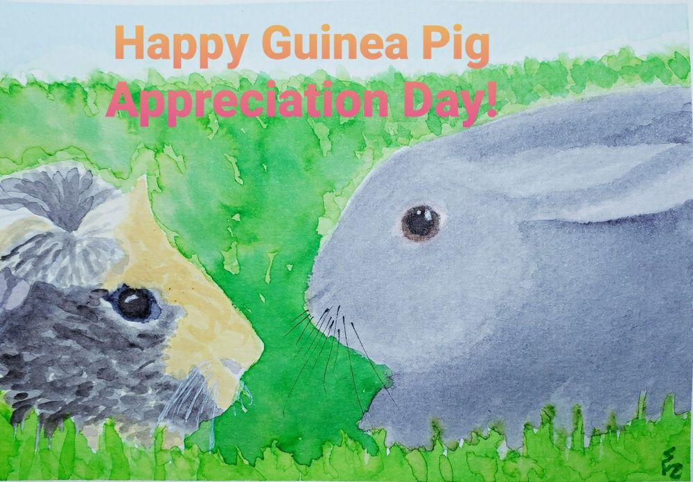 Detail of a watercolor painting of a handsome guinea pig and a small grey rabbit lying nose to nose. 