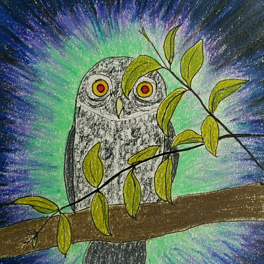 Pen and colored pencil illustration of an intense owl with gold and red eyes. The owl is perched on a branch and surrounded by an eldritch green light.
