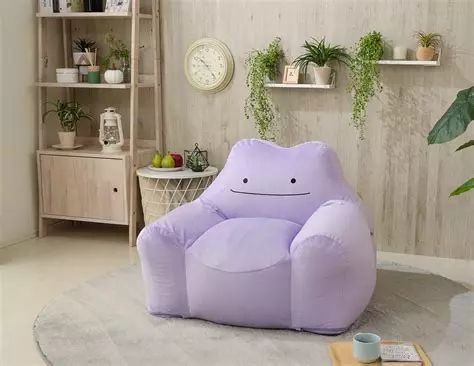 a chair with the face of the pokemon ditto printed smiling on it.