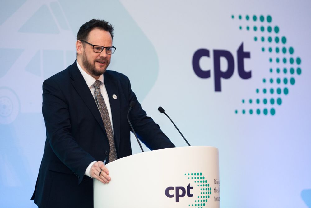 Local Transport Minister - Simon Lightwood MP speaking at the podium of CPT conference 2025.