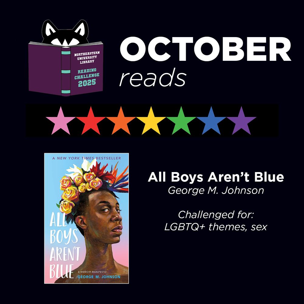 White text on a black background with a line of rainbow stars

October Reads
All Boys Aren't Blue
George M. Johnson
Challenged for: LGBTQ+ themes, sex