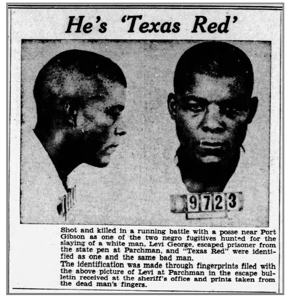 Newspaper clipping headlined "He's 'Texas Red'." It features a mugshot from the front and side of a Black man with a number plate. The caption identifies him a murder victim named both Levi George and "Texas Red."